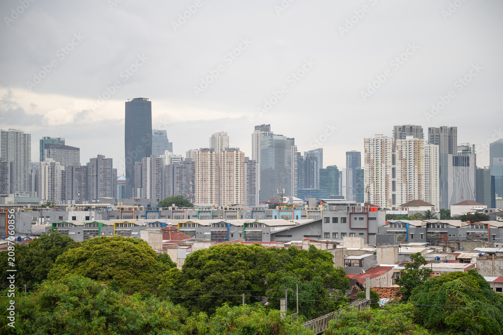 Fototapeta premium Green trees in the foreground with a modern city skyline creating a balanced urban and nature landscape.