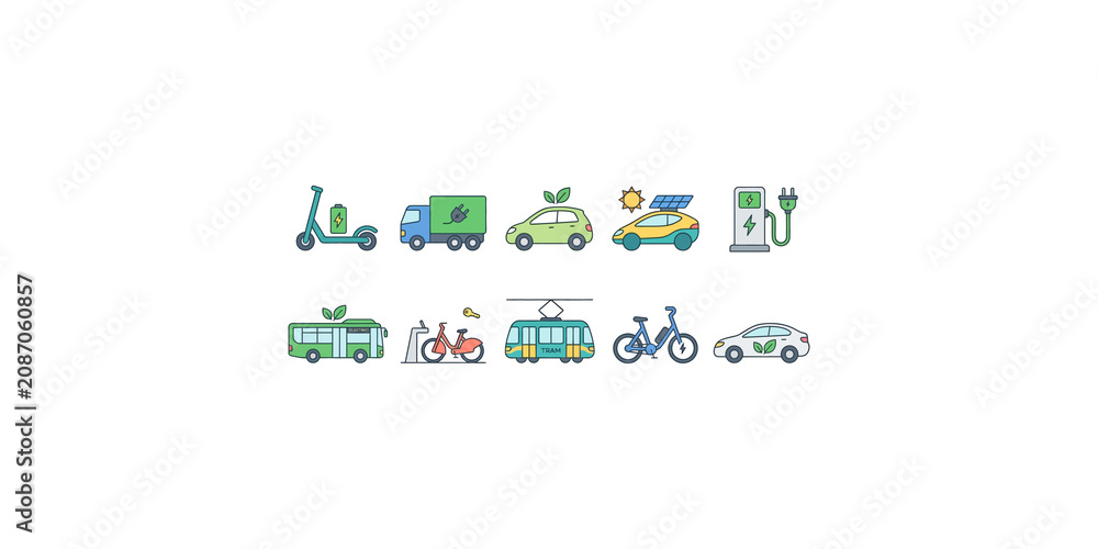 Fototapeta premium Green electric vehicle and eco transport icon set isolated on transparent background