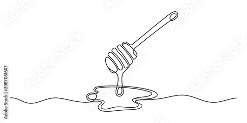 Schilderij op canvas Continuous single line drawing of a honey dipper with a sweet sticky drop of hon