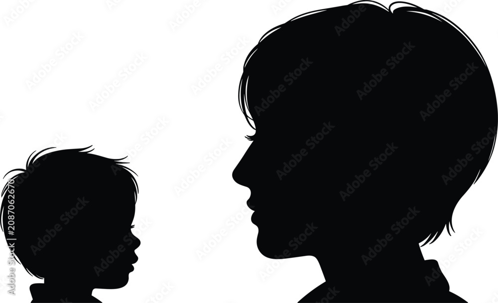 Fototapeta premium Silhouette Of A Child And An Adult Facing Each Other On A White Background vector illustration
