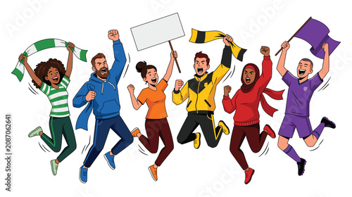Diverse People Jumping and Cheering with Blank Sign and Flags