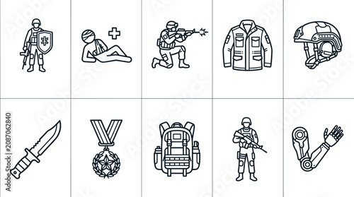 Fotografie Set of military icons showing soldier injured personnel weapons gear and advanced tactical combat equipment