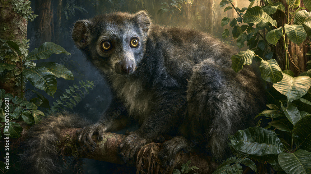 Fototapeta premium Detailed illustration of a wide-eyed lemur perched on a tree branch in a dense tropical rainforest jungle
