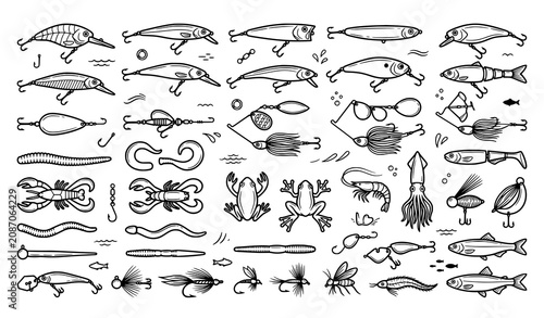 Cuadro en lienzo Fishing lures and baits illustration set for anglers and outdoor enthusiasts