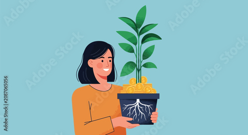 Financial growth and investment concept with woman holding plant pot with coins and roots, symbolizing nurturing wealth and future prosperity