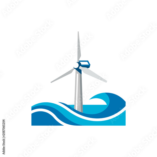 Clean energy wind turbine over blue ocean waves renewable power source nature environment background