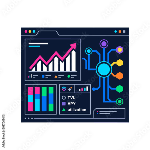Cryptocurrency Finance Data Visualization Dashboard showing TVL APY and utilization growth analytics