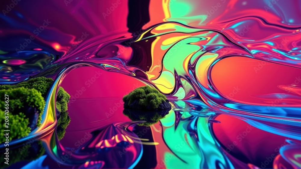 Obraz premium Vibrant fluid shapes dominate scene. Lush greenery floats within reflective, colorful waves. Dramatic lighting creates surreal atmosphere.