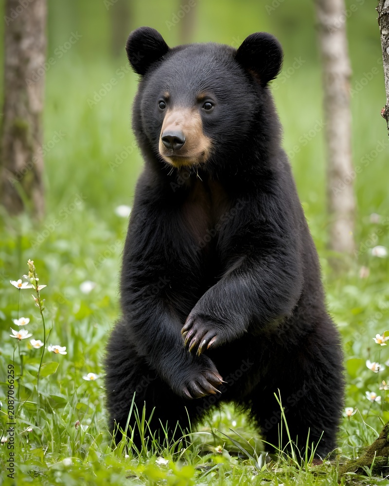 Obraz premium A asiatic black bear cub fantasy animal experiment, fictional species in a spring glade