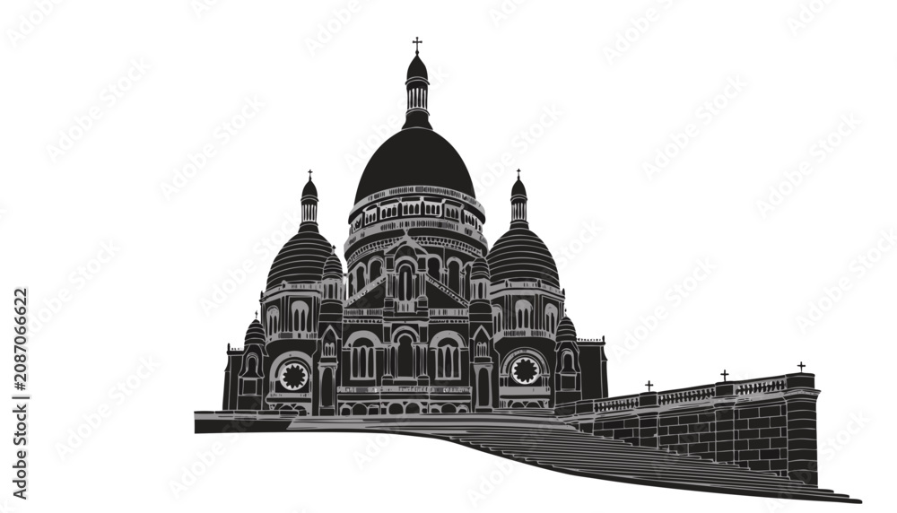 Obraz premium Very beautiful black and white realistic vector illustration of Sacré-Cœur Basilica with a stone stairway, elegant engraved architectural details, isolated on white background.