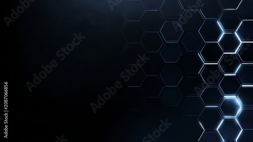 Abstract dark hexagon background with glowing blue lights and futuristic digital pattern design for modern tech concepts.