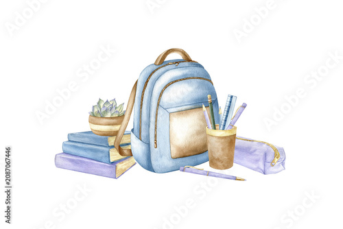Back to school watercolor isolated illustration. Educational supplies hand drawn clipart in pastel colors with blue backpack, stack of books, succulent plant and stationery. Learning concept sketch.