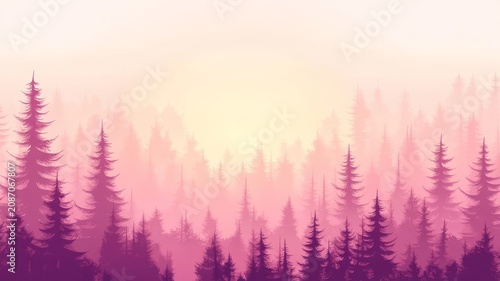 Stunning pink pine forest landscape with ethereal fog at sunrise glowing background wallpaper high resolution art illustration.
