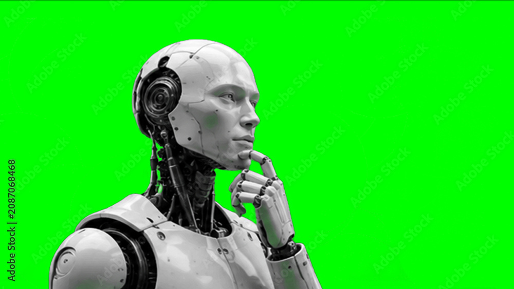 Naklejka premium Humanoid Robot Thinking on Green Screen Background