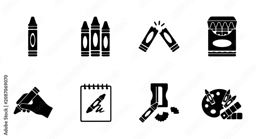 Fototapeta premium Crayon Icons Set, Art Supplies Vector Graphics, Drawing Tools Collection, Creative Elements
