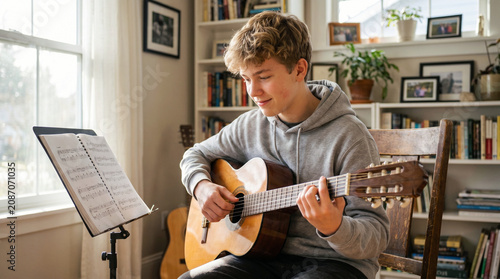 Teen practicing guitar chords, focused and creative, in a sunlit room