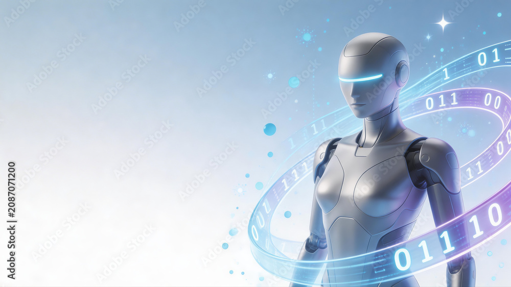 Fototapeta premium Humanoid Figure Robot AI Artificial Intelligence And Data Visualization Future Tech Machine Learning Concept