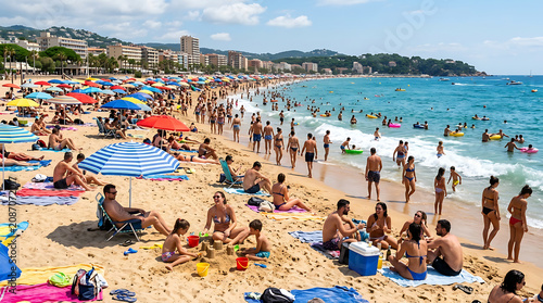 A crowded beach scene with people enjoying the sun, sand, and water on a beautiful day