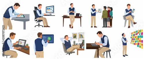 Collection of Businessman Illustrations in Various Office Scenarios and Professional Work Activities