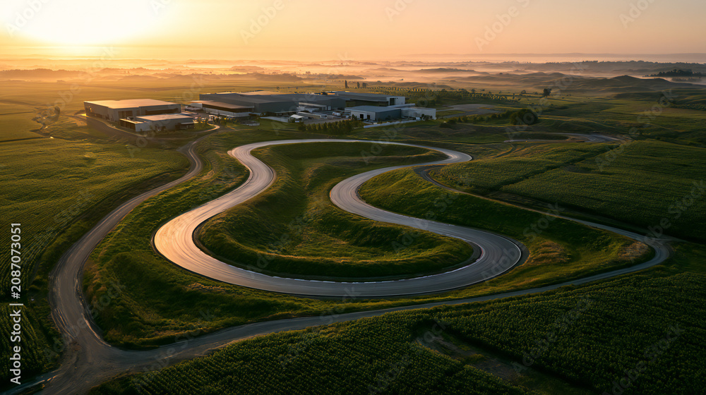 Fototapeta premium Aerial view of winding asphalt race track cutting through green agricultural fields with industrial skyline at sunrise golden hour