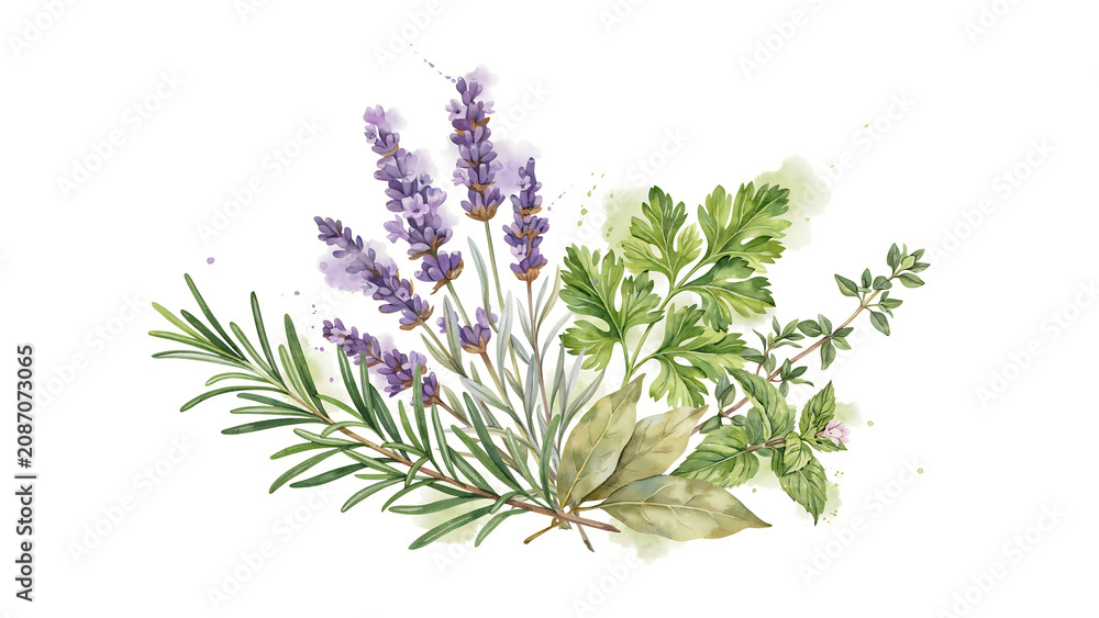 Fototapeta premium Watercolor bouquet of fresh lavender, rosemary, and green herbs isolated on a transparent background