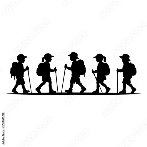 Konstfotografi Hiking, backpacking, trekking silhouettes, outdoor adventure icons, people walki