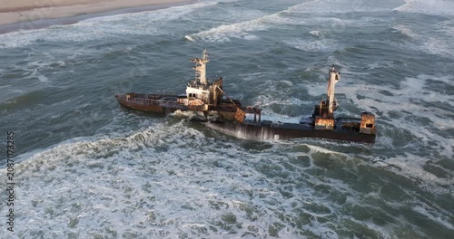 Aerial view of the Zeila shipwreck on the Skeleton Coast in Namibia, southwest Africa.	