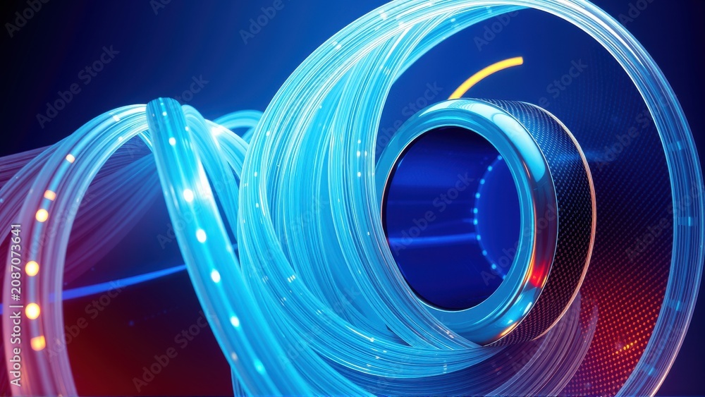 Fototapeta premium Abstract light trails form swirling shapes. Blue dominates with red accents, creating dynamic visual effect. Modern, energetic composition.