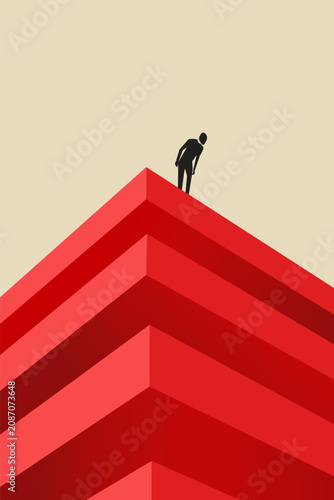 Businessman on top looking down from building. Business crisis, depression or burnout syndrome vector concept. Symbol of stress, recession