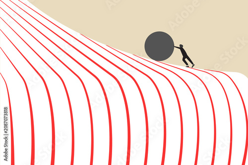 Businessman pushing a white ball up a steep hill, concept of struggle, hard work, perseverance, and challenge