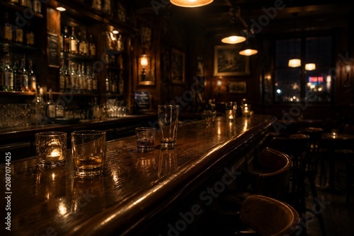 An empty wooden bar at night with scattered glasses under warm lighting.