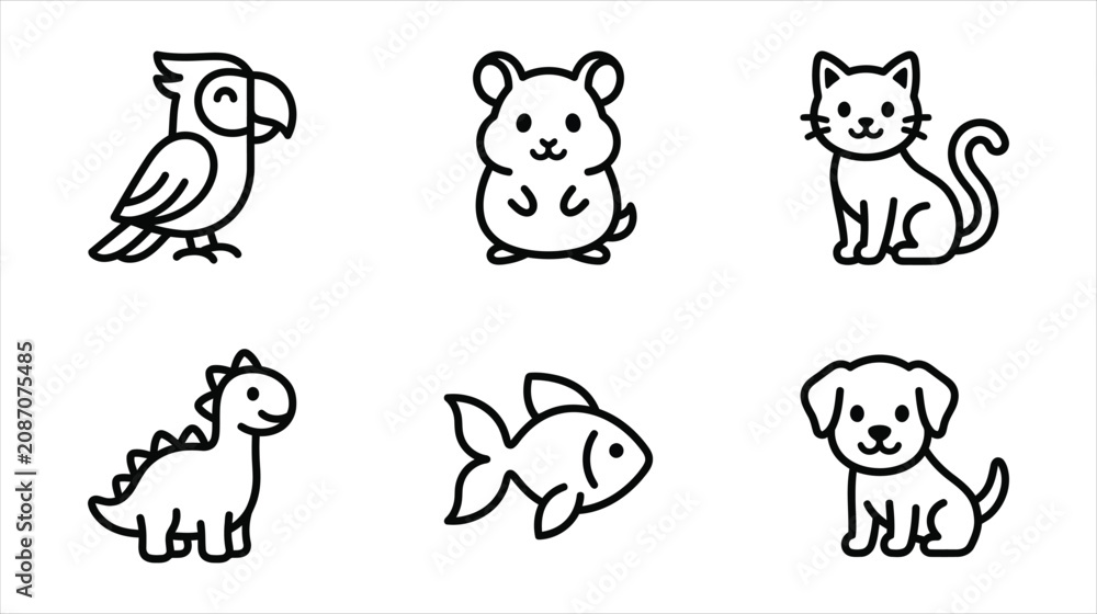 Obraz premium Cute animal vector icon set, adorable pet illustrations, simple line art, kawaii style graphics