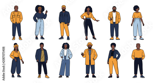 Collection of diverse people in trendy outfits and varied poses representing modern fashion and multiculturalism in a flat design.
