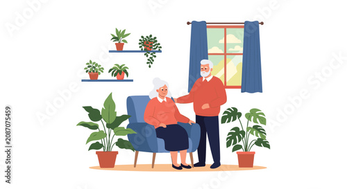 Senior man and woman in a warm living room decorated with many potted plants and a large window overlooking a mountain landscape.