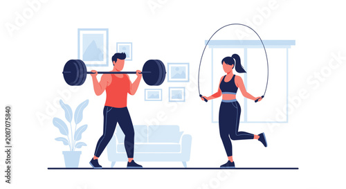 Man and woman work out at home with the man lifting a heavy barbell and the woman jumping rope in a cozy living room setting.