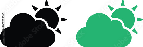 Black and green sun behind cloud weather icon set with forecast sunshine meteorology environment