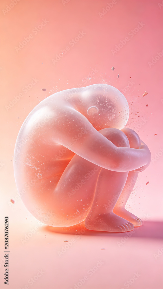 Fototapeta premium A translucent 3D human figure crouching in a fetal position soft pink background depression and mental health concept