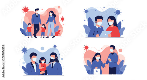 Collage of diverse people wearing protective face masks in various daily life settings aims to prevent the spread of infections.