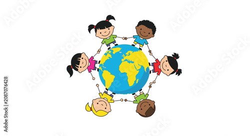 Group of diverse children from different nations hold hands around the Earth to represent global peace and unity.