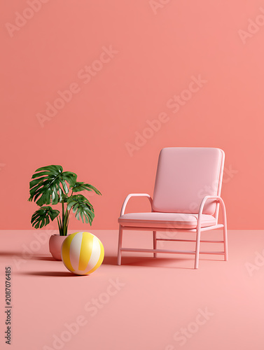 A pastel pink lounge chair, a Monstera plant, and striped beach balls