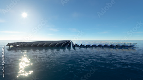 High-resolution 3D rendering of floating solar farm on ocean with photovoltaic panel arrays extending across calm water beneath bright sunlight and clear blue sky. Utility-scale renewable energy infra