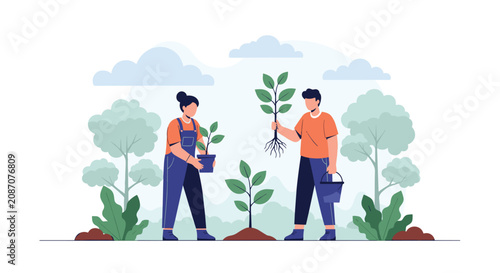 Man and woman in casual work clothes planting young trees in a park as part of a green community initiative.
