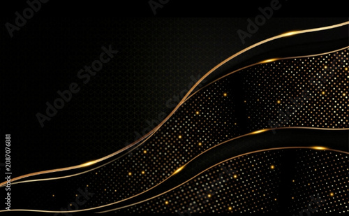 Luxury Black and Gold Abstract Wave Background with Golden Glitter and Premium Metallic Lines