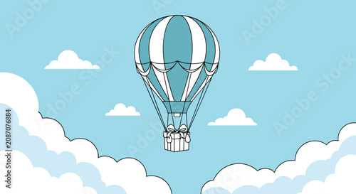 Blue and white striped hot air balloon floating in a blue sky while carrying a large gift box tied with a bow.