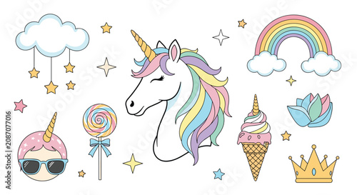 Magical unicorn collection featuring a rainbow ice cream cone stars clouds and other cute fantasy-themed elements.