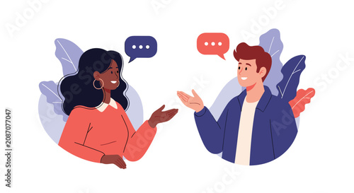 Diverse man and woman from different ethnic backgrounds sharing a friendly conversation with speech bubbles in the park.