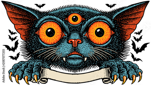 Bild auf Leinwand A surreal illustration featuring a mysterious three eyed black cat creature with