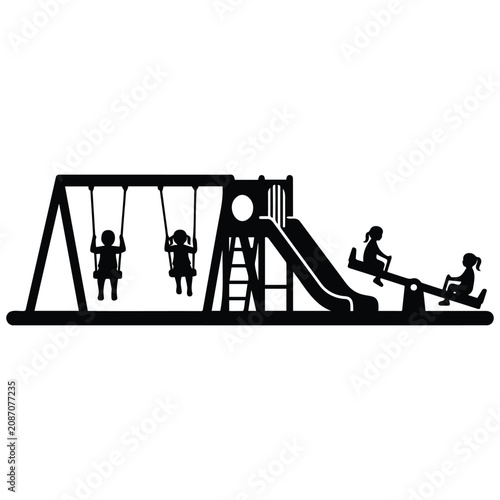 Vector silhouette playground illustration fun children on swings slide and seesaw outdoor.