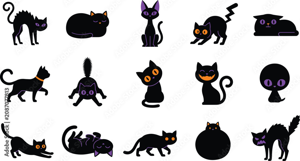 Fototapeta premium Halloween black cat collection diverse poses expressions isolated on transparent background