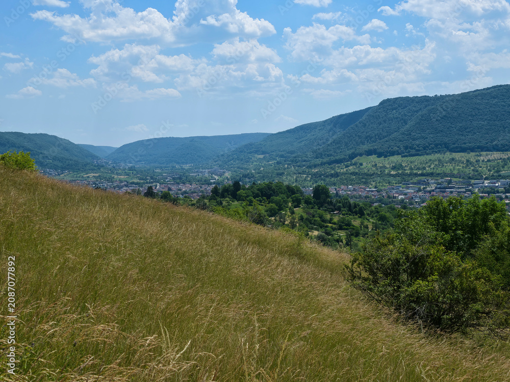 Fototapeta premium germany, wide panoramic landscape above dettingen an der erms showcasing rolling green valleys and picturesque swabian alb countryside in summer